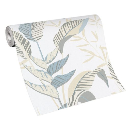 Monstera levelek filigrán ágakkal trópusi motívum törtfehér bézs zöld kék és ezüstszürke tónus fémes hatás tapéta