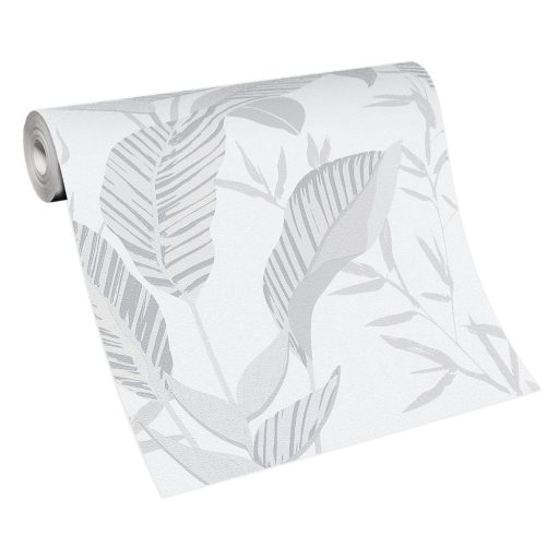 Monstera levelek filigrán ágakkal trópusi motívum fehér szürke és ezüst tónus fémes hatás tapéta