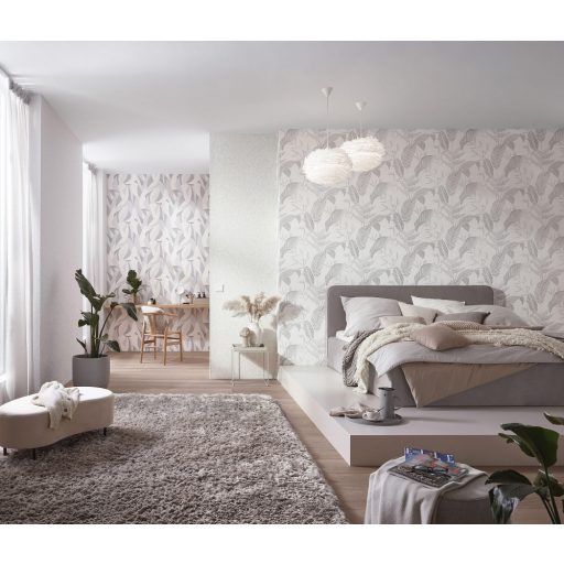 Monstera levelek filigrán ágakkal trópusi motívum fehér szürke és ezüst tónus fémes hatás tapéta