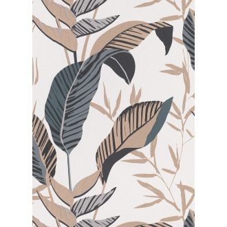   Monstera levelek filigrán ágakkal trópusi motívum krémfehér szürke fekete és aranybarna tónus fémes hatás tapéta