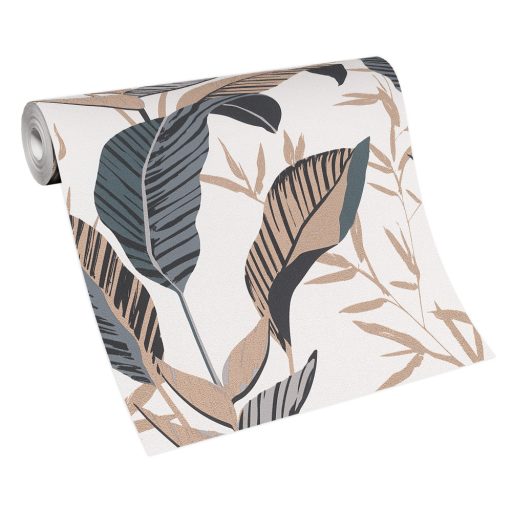 Monstera levelek filigrán ágakkal trópusi motívum krémfehér szürke fekete és aranybarna tónus fémes hatás tapéta