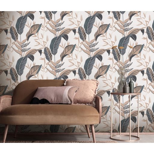 Monstera levelek filigrán ágakkal trópusi motívum krémfehér szürke fekete és aranybarna tónus fémes hatás tapéta