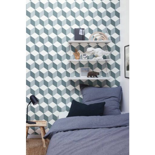Caselio Young and Free 103326069 BE HAPPY Térhatású geometriai minta fehér kék szürke tapéta