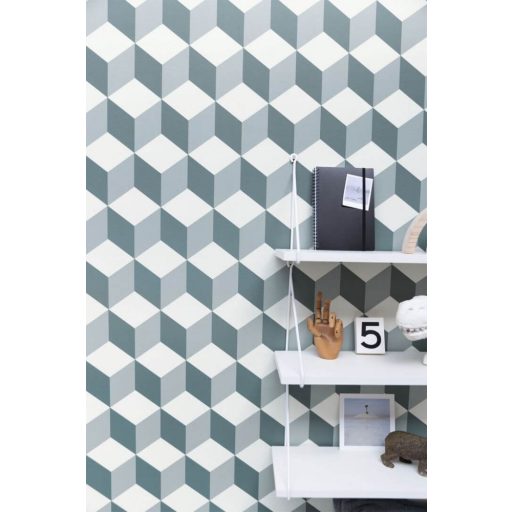 Caselio Young and Free 103326069 BE HAPPY Térhatású geometriai minta fehér kék szürke tapéta