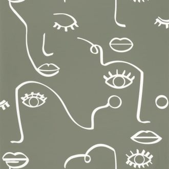   Caselio Young and Free 103337007 JUST SMILE Grafikus Avantgárd művészi arcmotívum khakizöld krémfehér tapéta