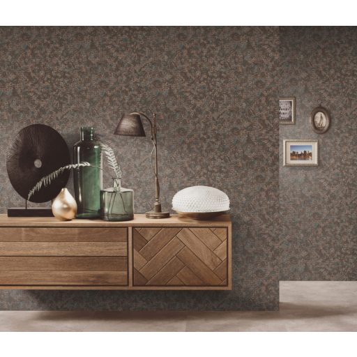 Szabálytalan körök grafikus mintája beton háttéren barna/sötétbarna kék és rézszín tónus fémes hatás tapéta