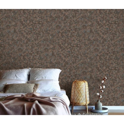 Szabálytalan körök grafikus mintája beton háttéren barna/sötétbarna kék és rézszín tónus fémes hatás tapéta