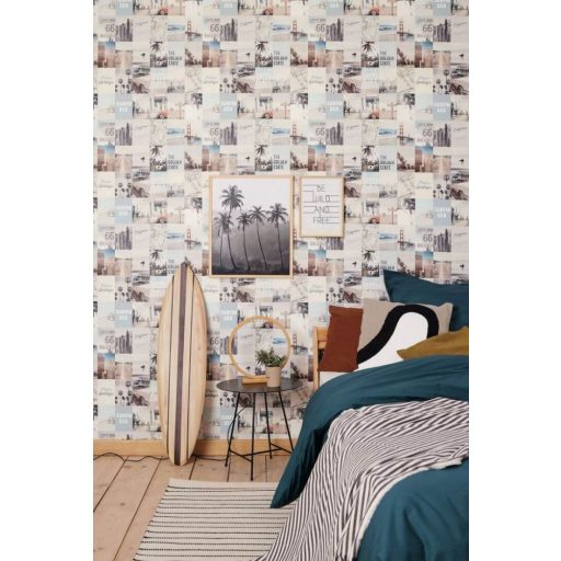Caselio Young and Free 103346090 HAPPY PLACE Kollázs Utazási emlékek fotók krém szürke kék szines tapéta