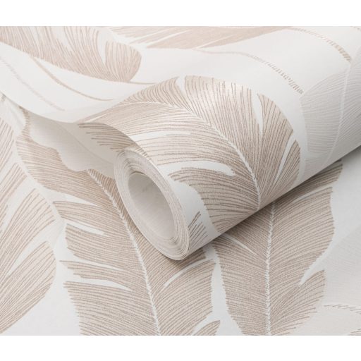 Finoman kidolgozott pálmalevelek kompozíciója krémfehér krém és bézs tónus fémes hatás tapéta