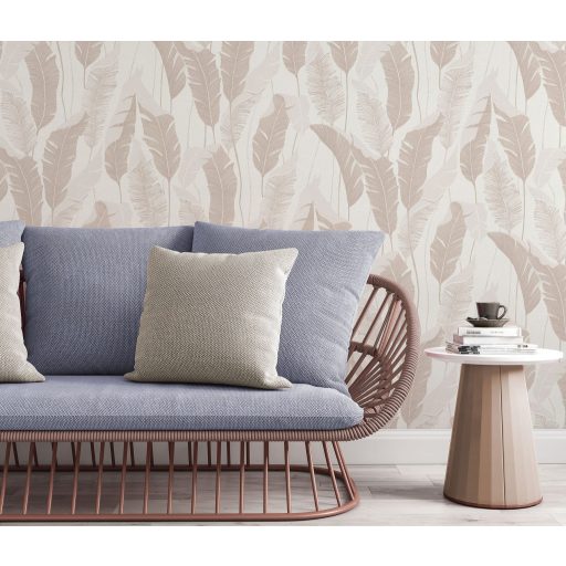 Finoman kidolgozott pálmalevelek kompozíciója krémfehér krém és bézs tónus fémes hatás tapéta