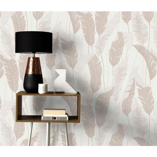 Finoman kidolgozott pálmalevelek kompozíciója krémfehér krém és bézs tónus fémes hatás tapéta