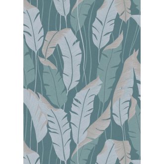   Finoman kidolgozott pálmalevelek kompozíciója türkiz bézs világoskék és zöld tónus fémes hatás tapéta
