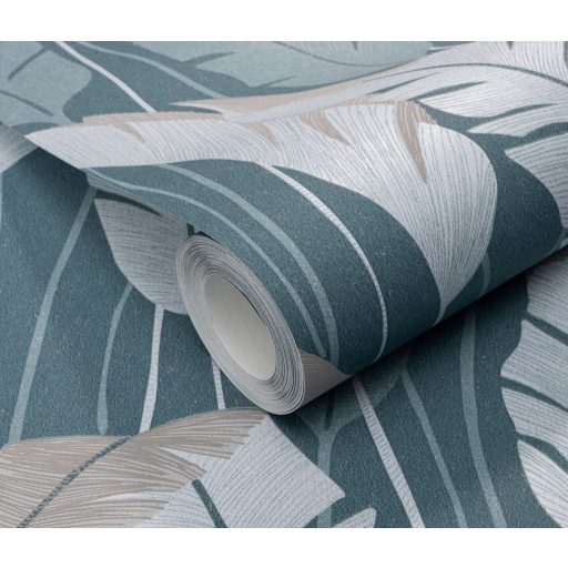Finoman kidolgozott pálmalevelek kompozíciója türkiz bézs világoskék és zöld tónus fémes hatás tapéta