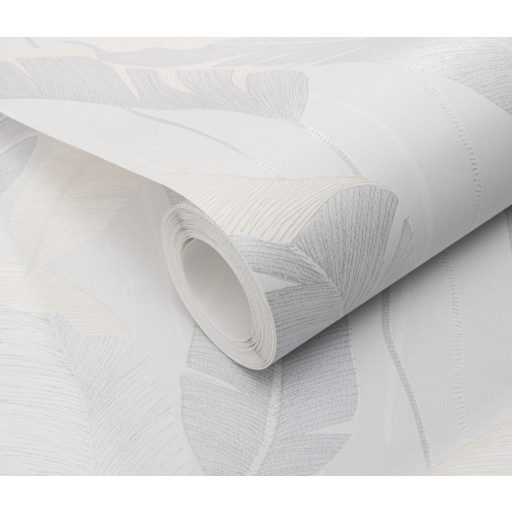 Finoman kidolgozott pálmalevelek kompozíciója fehér világosszürke szürke és ezüst tónus fémes hatás tapéta