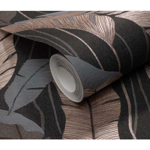 Finoman kidolgozott pálmalevelek kompozíciója sötétszürke/antracit barna és szürke/szürkéskék tónus fémes hatás tapéta