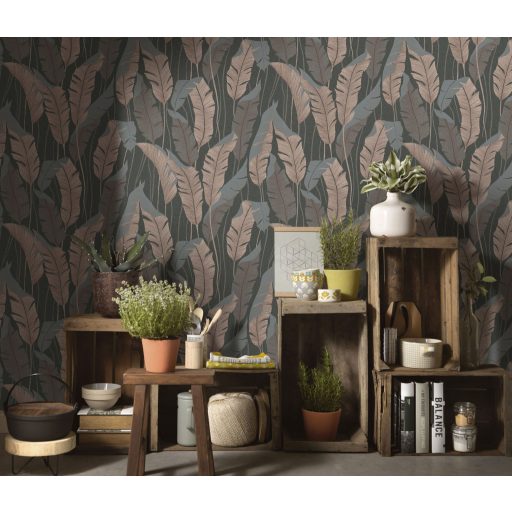 Finoman kidolgozott pálmalevelek kompozíciója sötétszürke/antracit barna és szürke/szürkéskék tónus fémes hatás tapéta