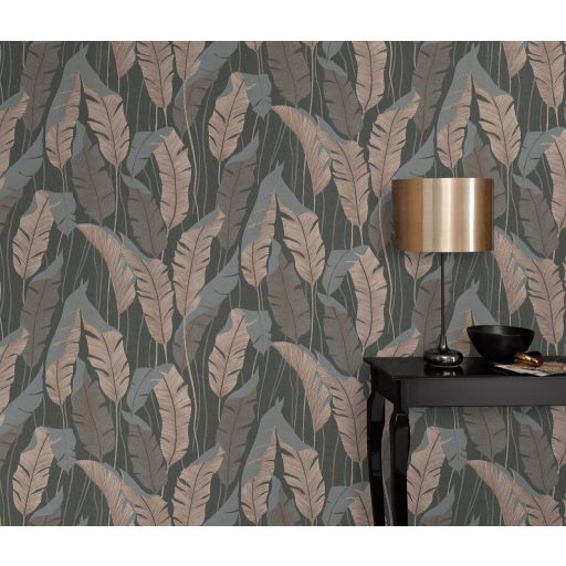 Finoman kidolgozott pálmalevelek kompozíciója sötétszürke/antracit barna és szürke/szürkéskék tónus fémes hatás tapéta