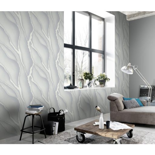 Megdöbbentő és szokatlan háromdimenziós márvány megjelenítés szürke fehér és fehérezüst tónus fémes hatás tapéta