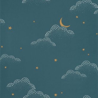   Álomszép felhőminta csillagokkal Holddal éjkék fehér teveszőrbarna tapéta