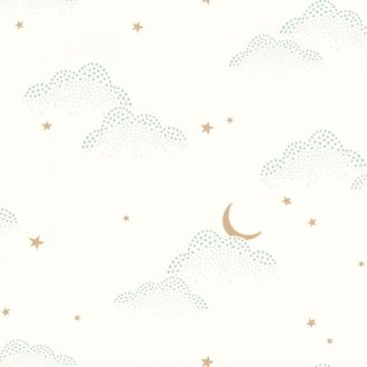   Álomszép felhőminta csillagokkal Holddal éjkék fehér mentazöld teveszőrbarna tapéta