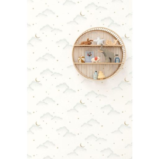 Álomszép felhőminta csillagokkal Holddal éjkék fehér mentazöld teveszőrbarna tapéta