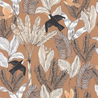   Egzotikus trópusi levelek között röpködő tukánok teveszőrbarna fehér bézs fekete tapéta