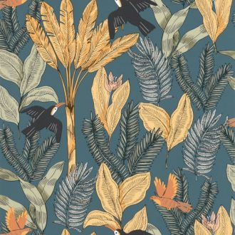   Egzotikus trópusi levelek között röpködő tukánok éjkék sárga fekete szines tapéta