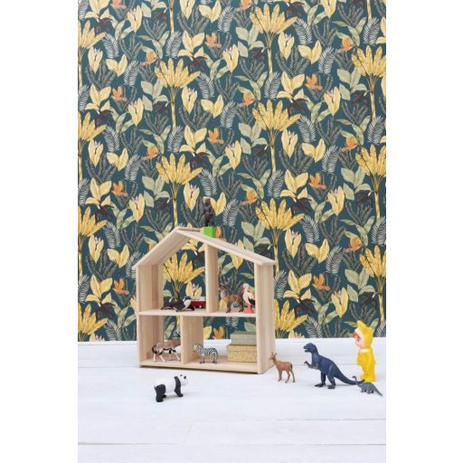 Egzotikus trópusi levelek között röpködő tukánok éjkék sárga fekete szines tapéta