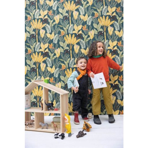 Egzotikus trópusi levelek között röpködő tukánok éjkék sárga fekete szines tapéta