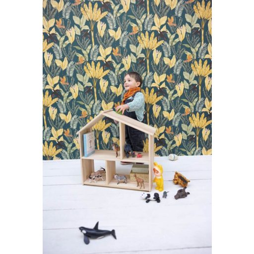 Egzotikus trópusi levelek között röpködő tukánok éjkék sárga fekete szines tapéta