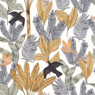   Egzotikus trópusi levelek között röpködő tukánok fehér mentazöld fekete szines tapéta