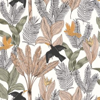   Egzotikus trópusi levelek között röpködő tukánok fehér khakizöld fekete szines tapéta