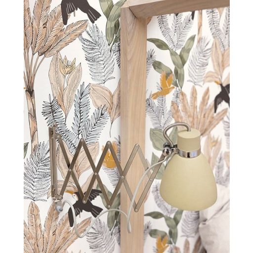 Egzotikus trópusi levelek között röpködő tukánok fehér khakizöld fekete szines tapéta