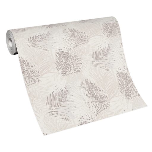 Egymást átható levelek stilizált grafikus mintája törtfehér bézs és barna tónus csillogó mintaelemek tapéta