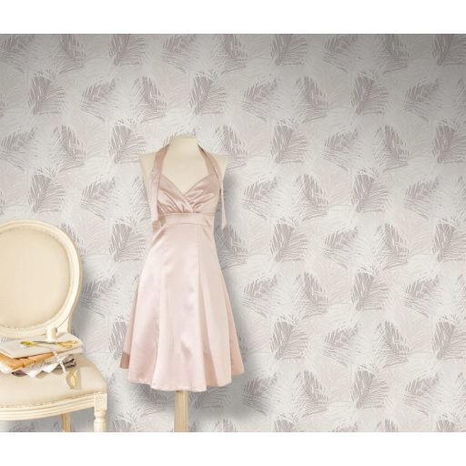 Egymást átható levelek stilizált grafikus mintája törtfehér bézs és barna tónus csillogó mintaelemek tapéta