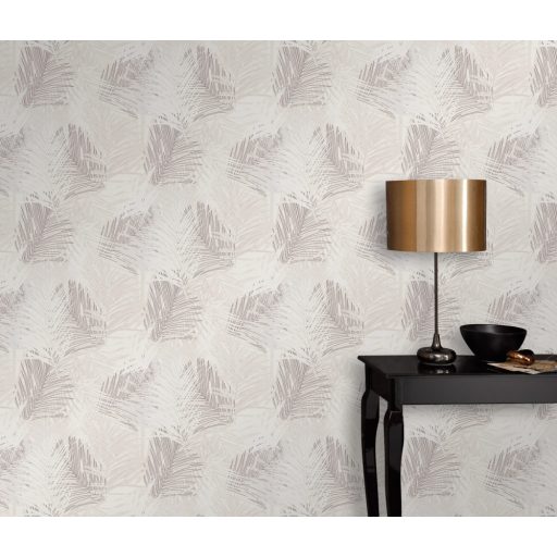 Egymást átható levelek stilizált grafikus mintája törtfehér bézs és barna tónus csillogó mintaelemek tapéta