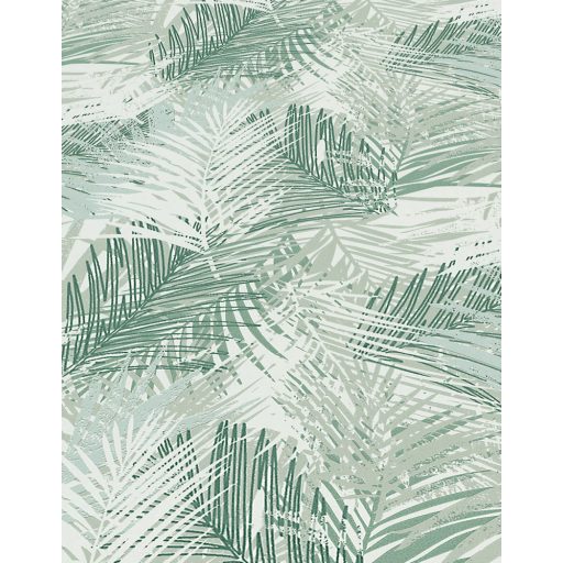 Egymást átható levelek stilizált grafikus mintája fehér szürkészöld és zöld tónus csillogó mintaelemek tapéta