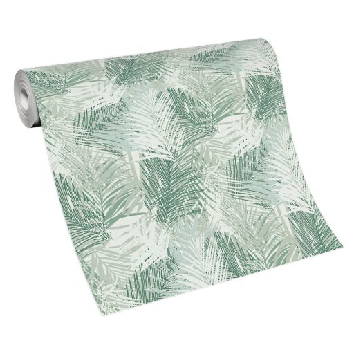 Egymást átható levelek stilizált grafikus mintája fehér szürkészöld és zöld tónus csillogó mintaelemek tapéta