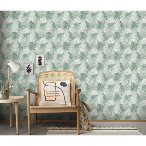 Egymást átható levelek stilizált grafikus mintája fehér szürkészöld és zöld tónus csillogó mintaelemek tapéta