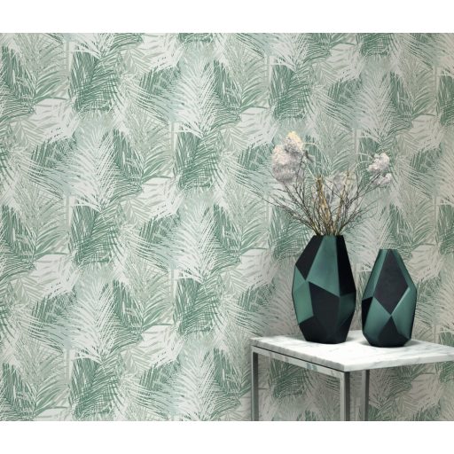 Egymást átható levelek stilizált grafikus mintája fehér szürkészöld és zöld tónus csillogó mintaelemek tapéta