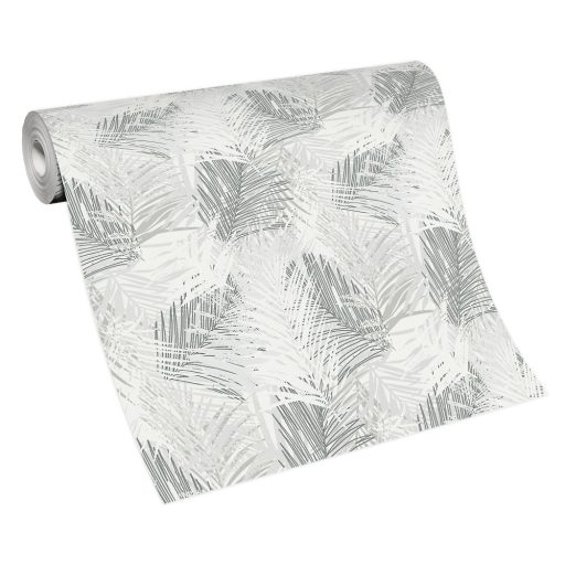 Egymást átható levelek stilizált grafikus mintája fehér krémszürke és sötétszürke tónus csillogó mintaelemek tapéta