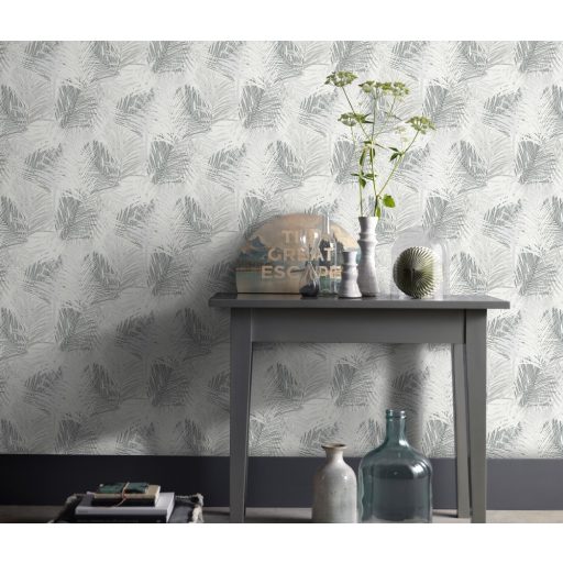 Egymást átható levelek stilizált grafikus mintája fehér krémszürke és sötétszürke tónus csillogó mintaelemek tapéta