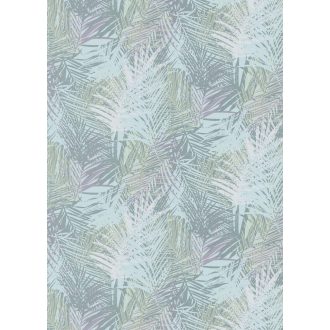   Egymást átható levelek stilizált grafikus mintája világos türkiz lila zöld fehér és arany tónus csillogó mintaelemek tapéta