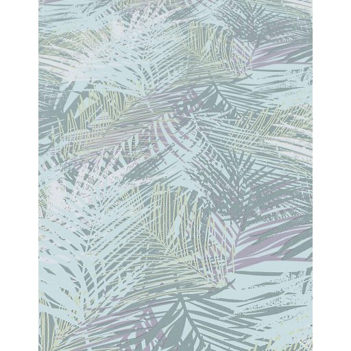 Egymást átható levelek stilizált grafikus mintája világos türkiz lila zöld fehér és arany tónus csillogó mintaelemek tapéta