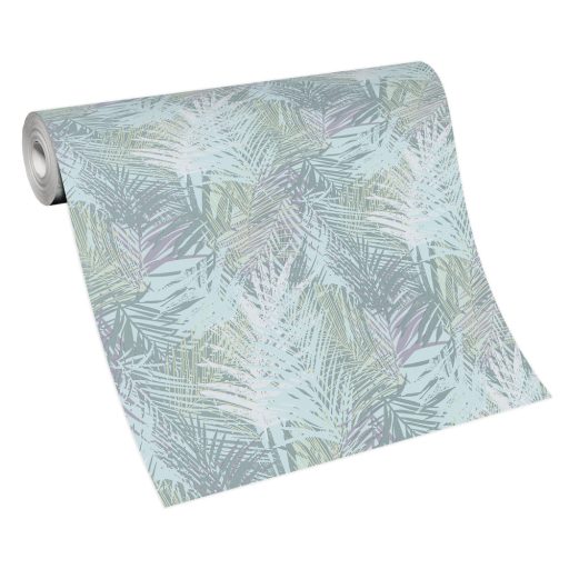 Egymást átható levelek stilizált grafikus mintája világos türkiz lila zöld fehér és arany tónus csillogó mintaelemek tapéta