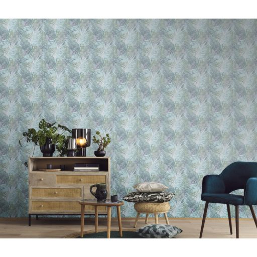 Egymást átható levelek stilizált grafikus mintája világos türkiz lila zöld fehér és arany tónus csillogó mintaelemek tapéta