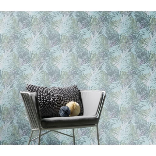 Egymást átható levelek stilizált grafikus mintája világos türkiz lila zöld fehér és arany tónus csillogó mintaelemek tapéta