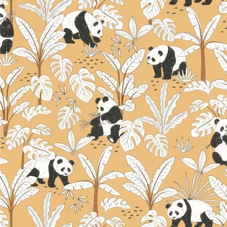 Barátságos pandák egzotikus növények között currysárga fehér fekete barna tapéta