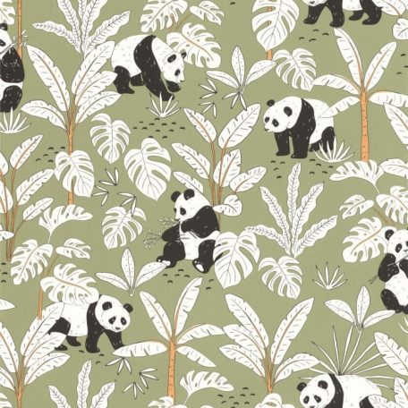 Barátságos pandák egzotikus növények között zöld fehér fekete barna tapéta