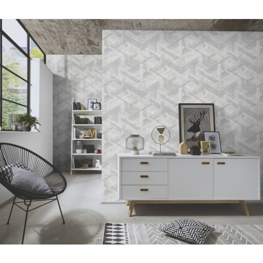 Háromdimenziós geometriai minta beton háttéren szürkésfehér világosszürke és szürke tónus tapéta